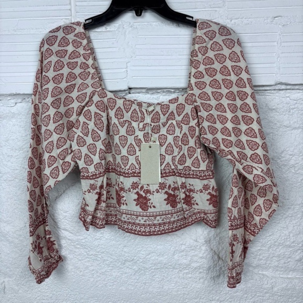 NWT SIM & SAM Bohemian Red Patterned puff sleeve cropped linen blend shirt SZ L